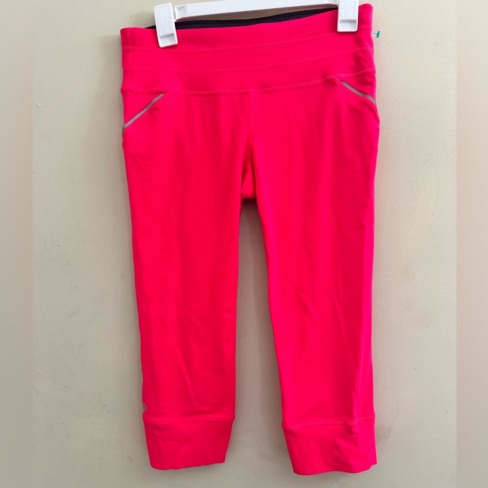 ATHLETA Bright Pink Athletic Legging with Orange Mesh Inset Accent Trim,size M